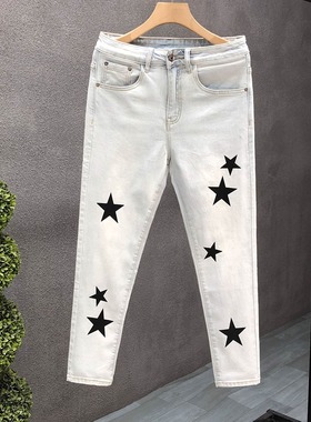 浅蓝色修身牛仔裤2025新款男潮牌高端五角星印花小脚裤子百搭休闲