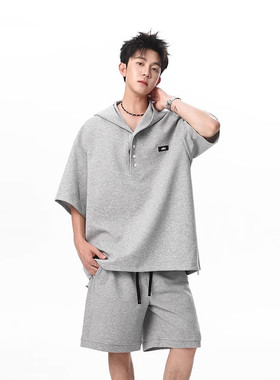 夏季新款连帽Polo衫套装男女夏季冰感液态棉短袖短裤套装情侣装