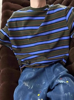 美式复古军绿紫色条纹短袖男款300g重磅小领口vintage半袖T恤夏季