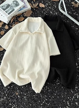 麦穗纹短袖t恤男款夏季美式重磅宽松休闲灰色体恤翻领polo衫男生