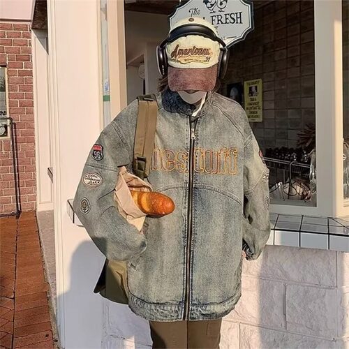 美式复古机车风刺绣牛仔外套男春