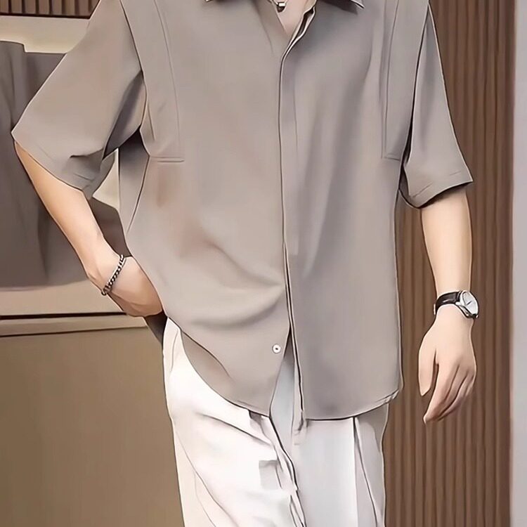 高级垂感冰丝短袖衬衫男夏季半袖上衣韩版潮流纯色免烫中袖衬衣