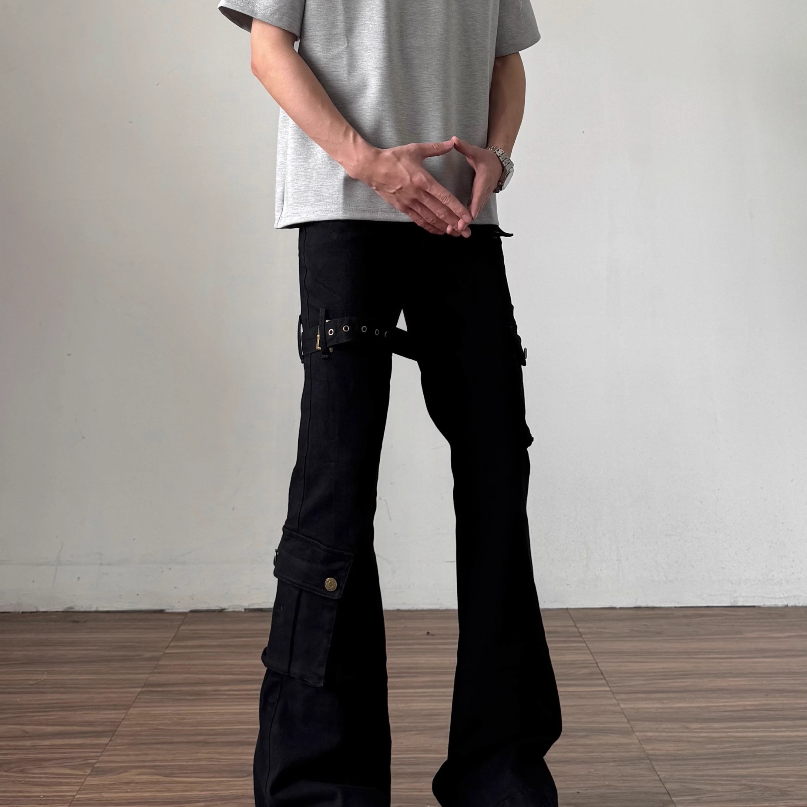 夏季黑色vibe绑带微喇工装牛仔裤