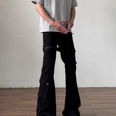 夏季黑色vibe绑带微喇工装牛仔裤