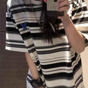 320g重磅蓝白条纹t恤男小领口少年感穿搭男生短袖宽松日系七分袖