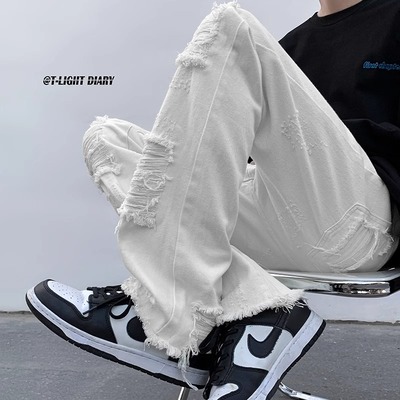 白色工装牛仔裤痞帅修身微喇直筒