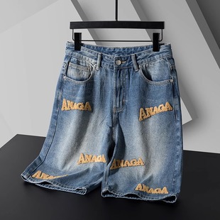 男宽松直筒五分裤 嘻哈牛仔短裤 夏季 薄款 2025新款 刺绣中裤 潮牌美式