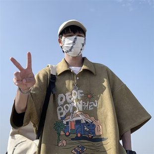 翻领polo衫 潮流2025新款 薄款 上衣男夏季 T恤 美式 高街卡通印花短袖