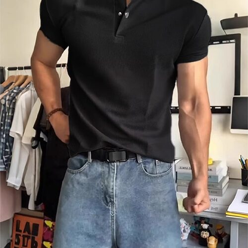 美式亨利领短袖男夏季黑色polo衫