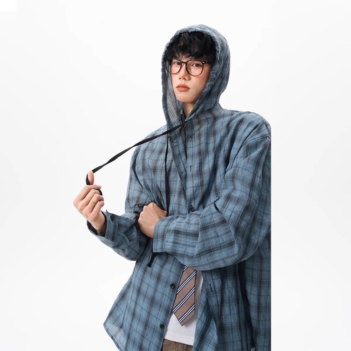 泡泡纱连帽格子衬衫男款夏季薄款