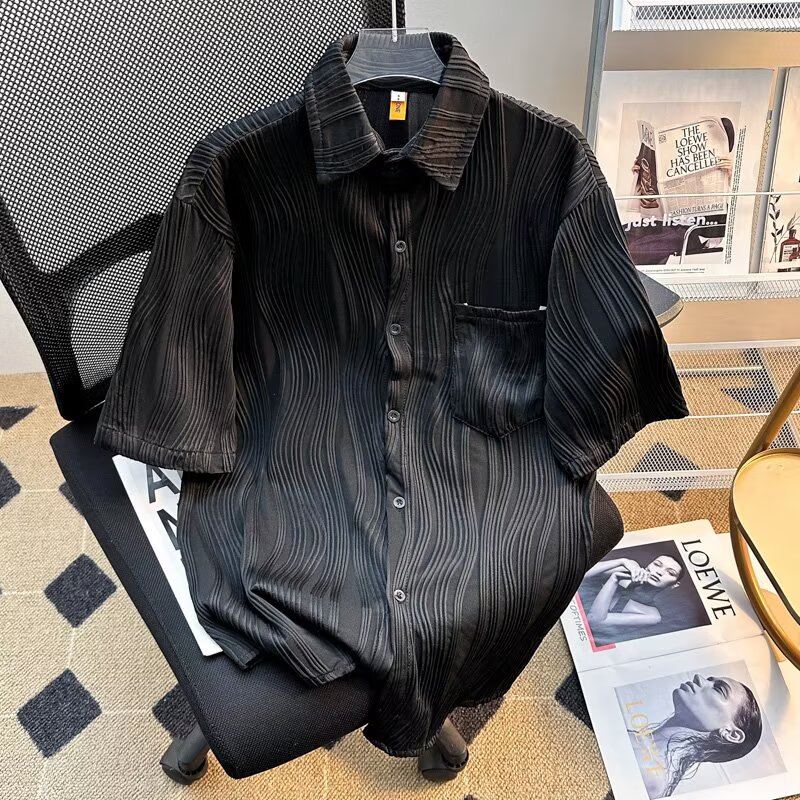 波浪冰丝条纹短袖衬衫男夏季ins