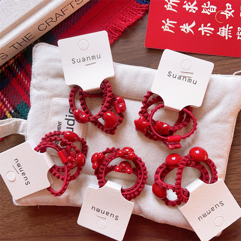 韩系儿童秋冬安哥拉红纽扣爱心兔头发圈女童荷叶边高弹力发圈组合