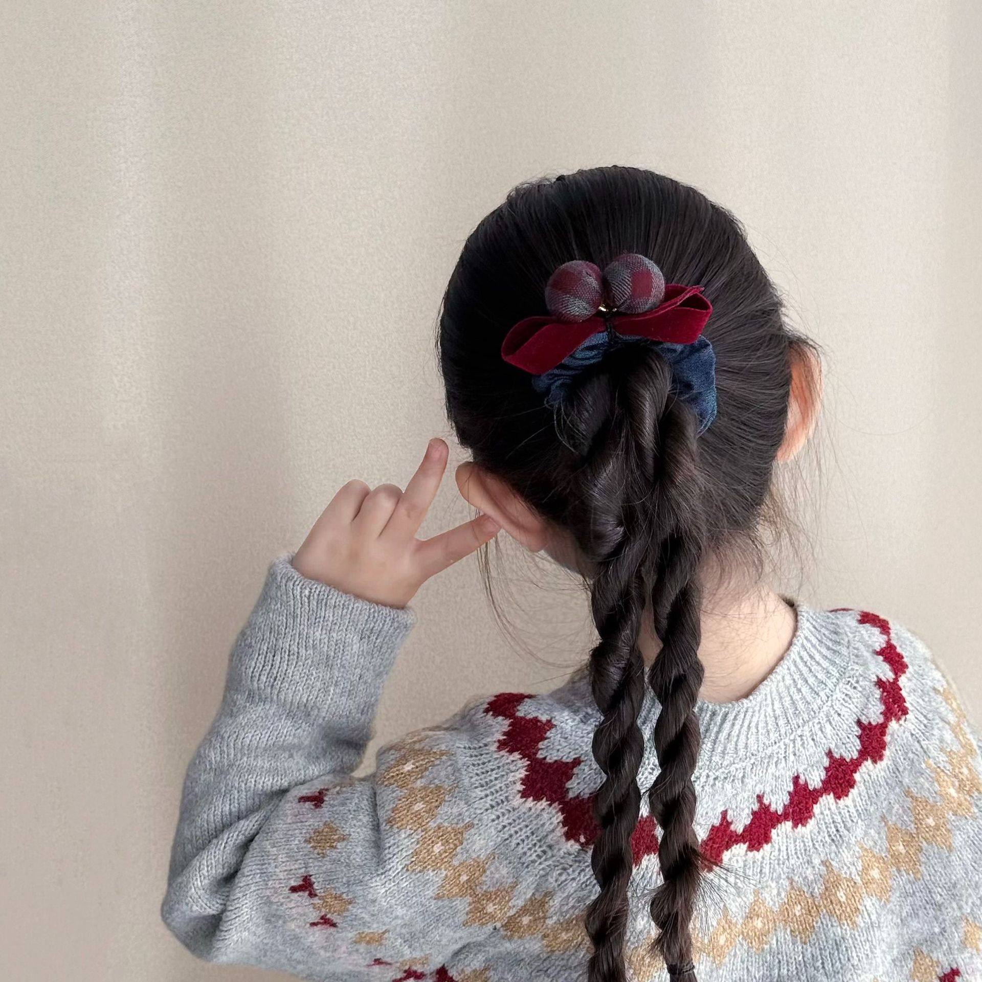 韩版ins秋冬藏青色毛呢格纹球球蝴蝶结儿童发圈肠圈发绳头绳发饰