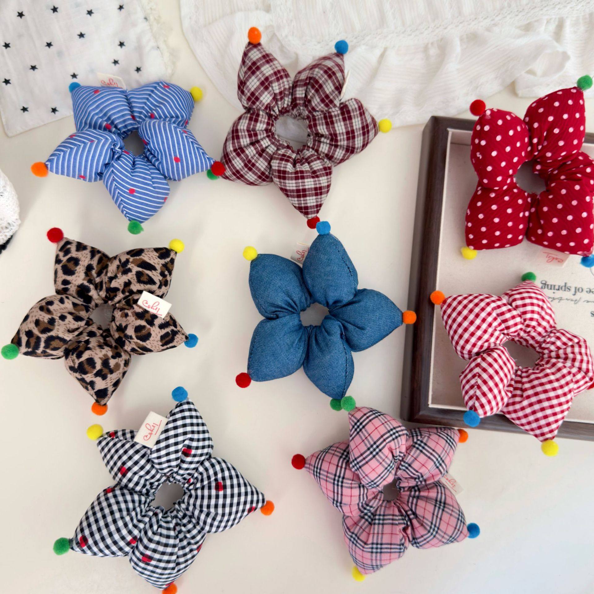 韩版ins冬小号立体星星格纹彩球布艺儿童发圈丸子头发绳充棉发饰,童装/婴儿装/亲子装,发饰,淘宝优惠券,粉丝福利购,淘宝优惠卷