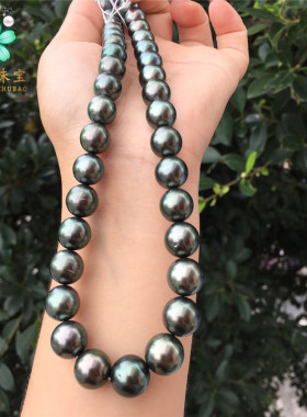 高贵黑珍珠项链 天然海水大溪地珍珠项链 孔雀黑绿色 皮光超美 亮