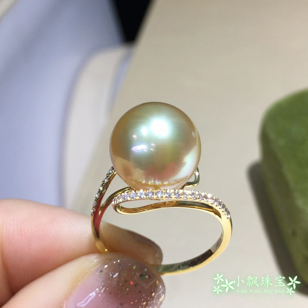 特价 茶金色天然金珠戒指 南洋金珠 18K金 造型新颖时尚