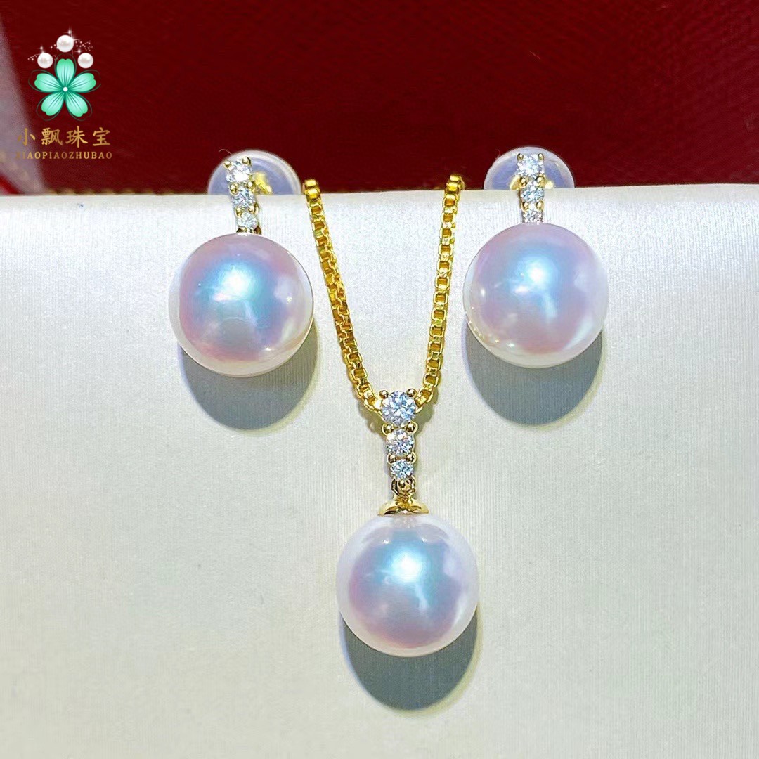 大灯泡 极光炫彩天然珍珠套装 18K金王妃时尚洋气款 吊坠+耳环