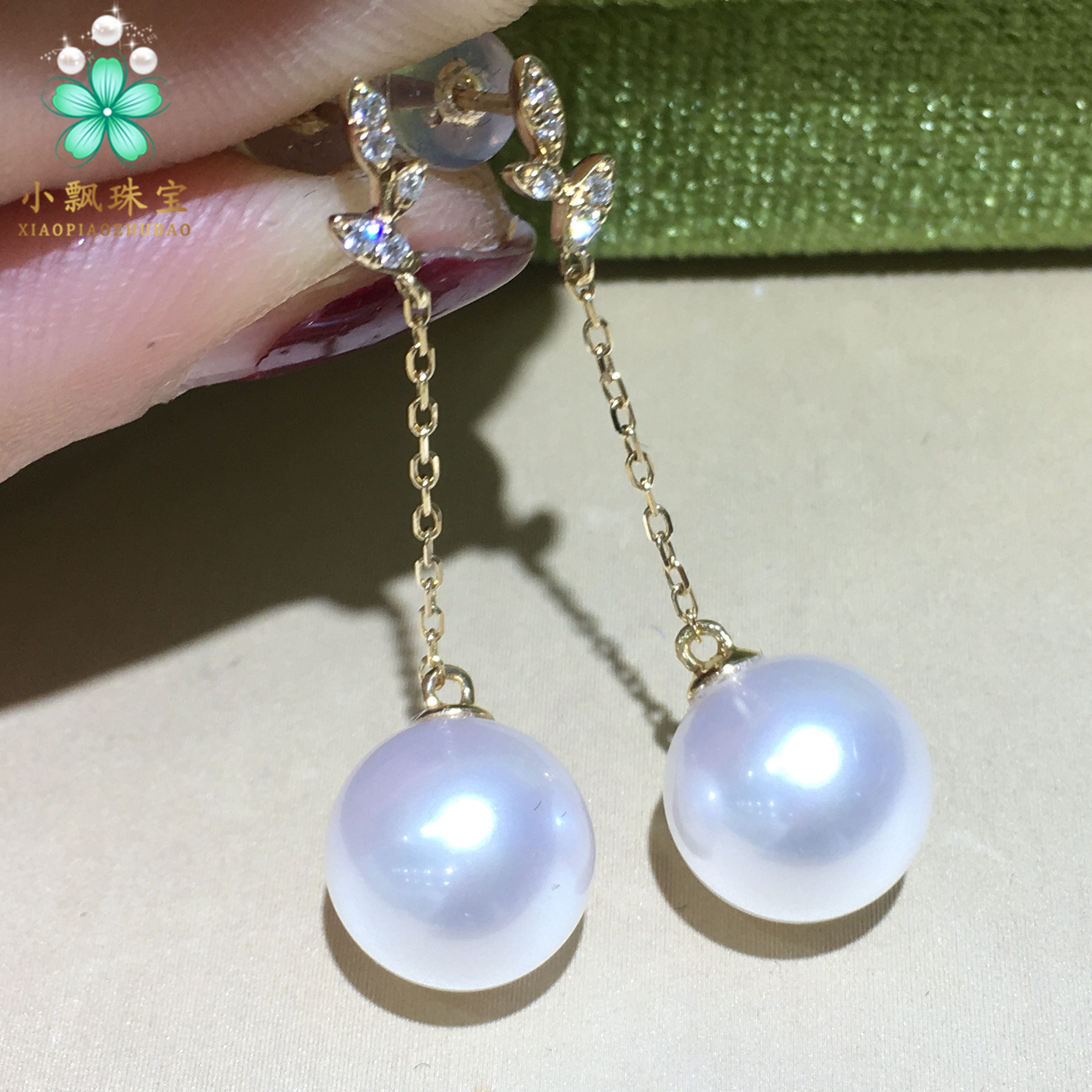 18K金钻石耳线 极光天然珍珠耳环 11-12mm