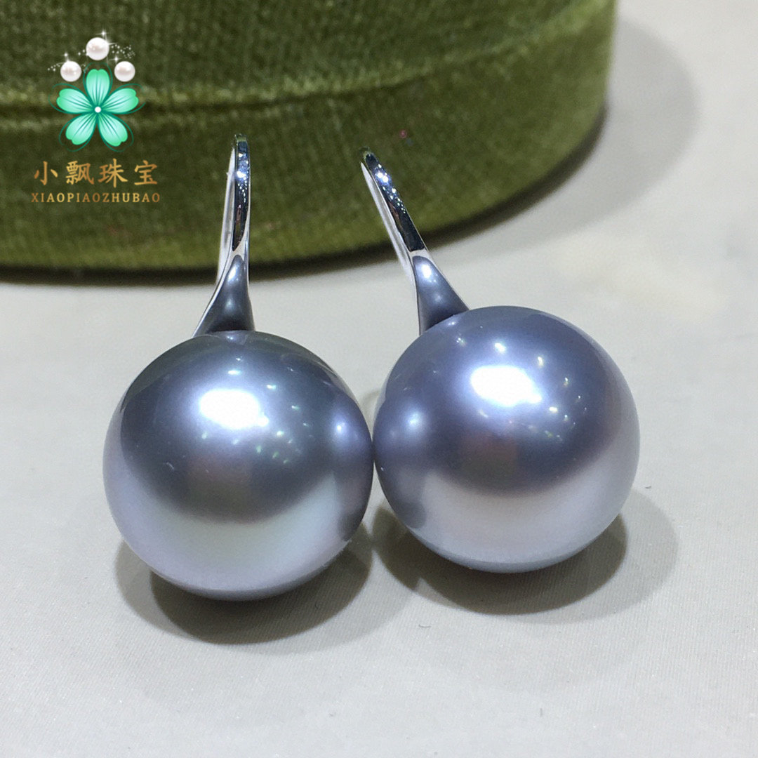 特价 18K金高跟鞋耳钩 大溪地天然海水珍珠耳环气质铂金灰勺子耳