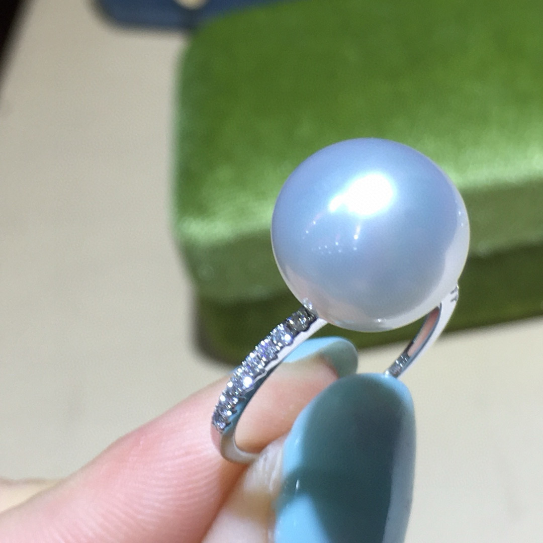超美18k金澳洲白珠戒指11-12mm极强光