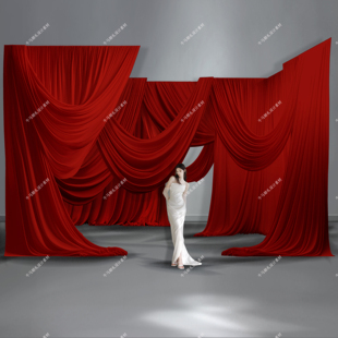 小众婚礼效果图通道感红色多层次褶皱布幔婚礼素材PSD