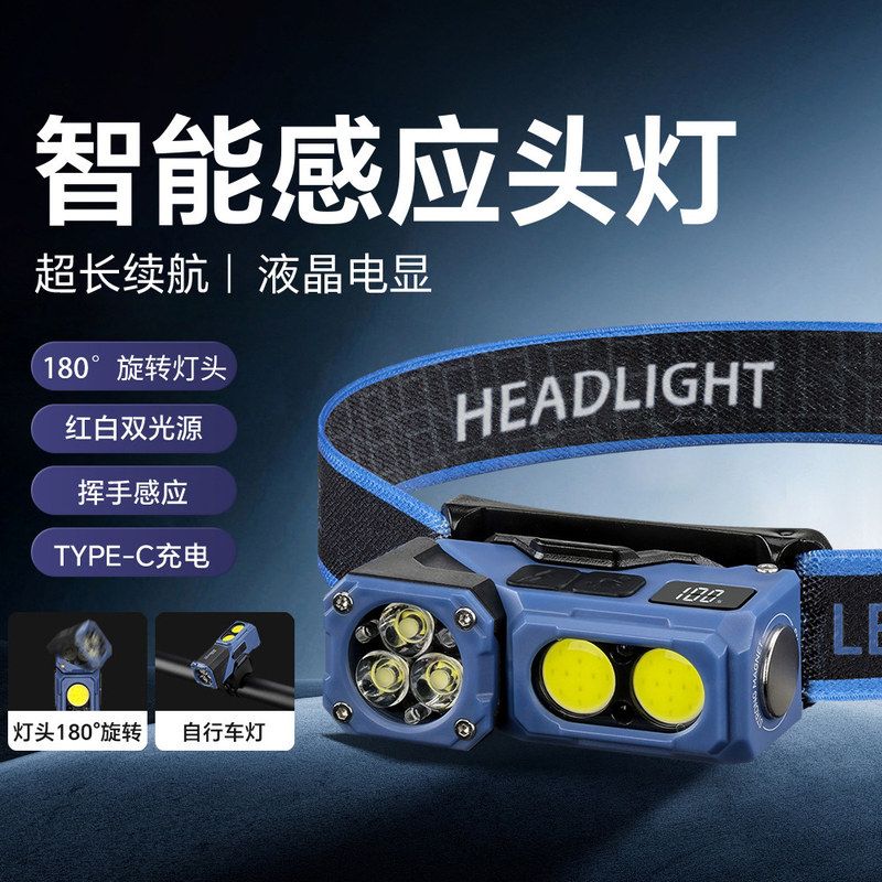 新款跨境强光LED感应头灯户外超亮骑行灯防水头戴式钓鱼灯工作灯