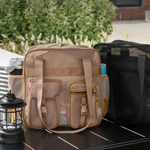 现货女款网纱多口袋单肩斜挎包透气休闲百搭网眼包大容量沙滩包