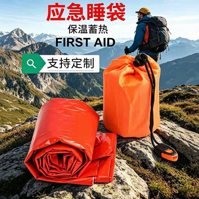 现货绿色户外急救睡袋口哨挂扣套装应急露营徒步爬山失温保温保暖