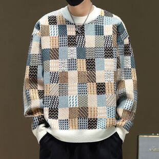 2026新款秋季男士长袖提花毛衣针织衫圆领格子套头撞色男式青年