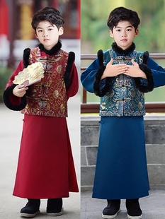 男童儿童汉服加绒秋冬拜年服唐装马甲古装儿童汉服冬季民国中国风