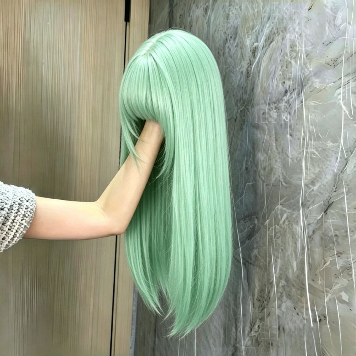 【薄荷曼波】假发女齐刘海薄荷绿色显白自然时尚长直发cos全头套