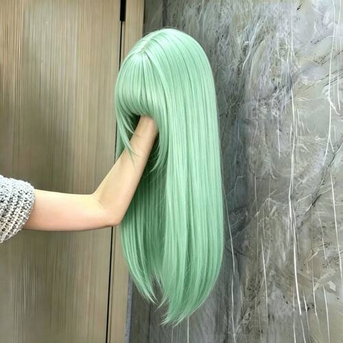 【薄荷曼波】假发女齐刘海薄荷绿色显白自然时尚长直发cos全头套