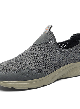 男飞织镂空透气孔网面鞋一脚蹬懒人休闲鞋春夏低帮套脚跑步运动鞋