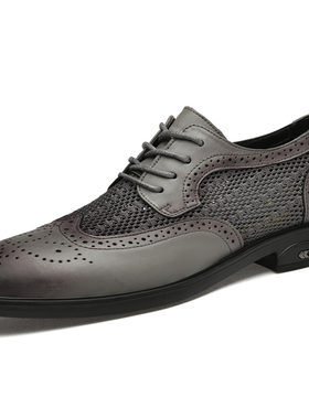 男布洛克鞋夏季低帮镂空飞织透气孔雕花牛皮面网布面休闲商务皮鞋