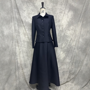显瘦职业商务大牌OL 裙女修身 高级定制2024春秋藏青色丝毛西装 套装