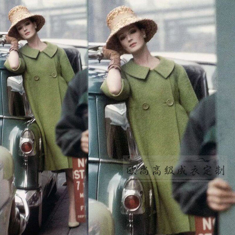 1950S复古绿色七分羊毛大衣外套