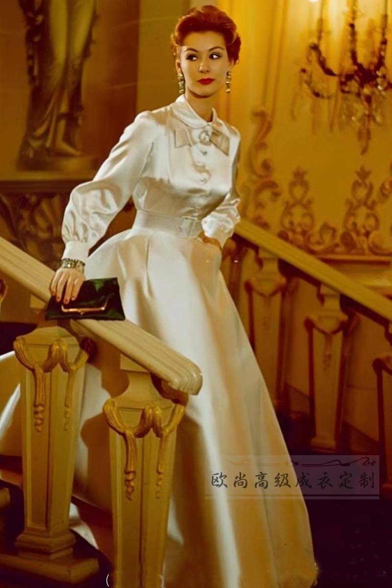 高级定制法式优雅白色缎面礼服裙女长款连衣裙婚礼宴会年会蓬蓬裙