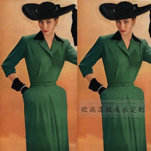 端庄大气法式 修身 优雅春 领羊毛连衣裙女长款 高级定制复古绿色西装