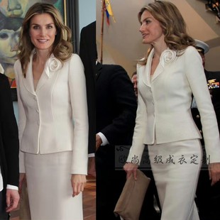 裙修身 套装 职业通勤OL 白色青果领羊毛西装 高级定制西班牙王妃同款