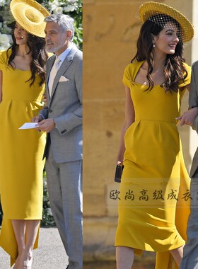 高级定制amal clooney同款黄色连衣裙女修身显瘦飘带优雅长款夏新