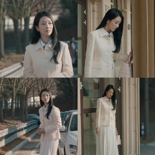 高端定制韩剧夏娃徐睿知同款白色羊毛夹克西装外套+白色纱裙套装