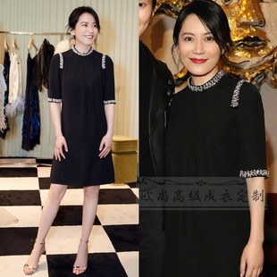 连衣裙女宽松A摆夏季 高级定制明星俞飞鸿同款 黑色拼接钉珠中袖