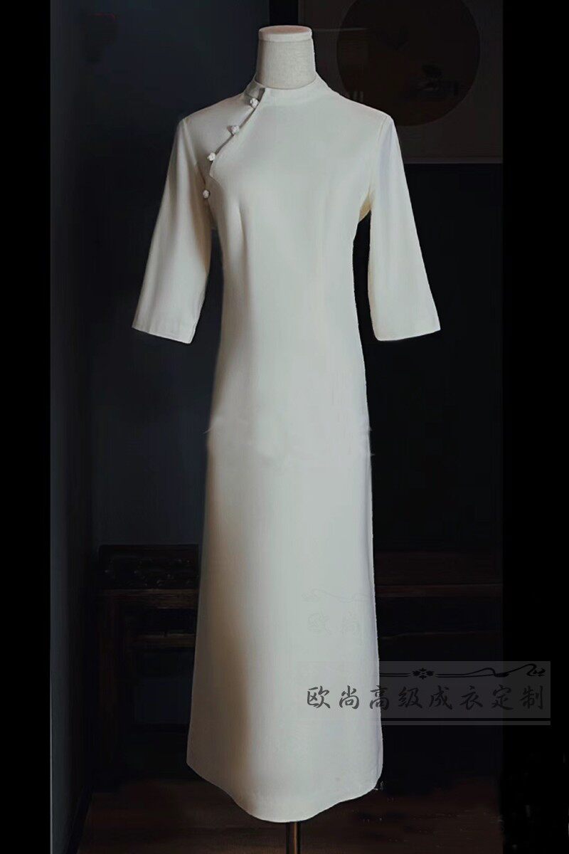 高端定制国风白色重磅真丝改良小立领旗袍女长裙优雅简约大方气质