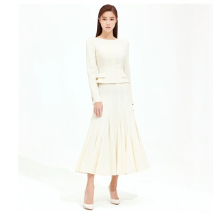 高级定制春秋米白色船领纯羊毛短夹克外套大摆半裙优雅千金套装 裙