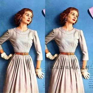 高级定制1950S复古优雅米白色羊毛连衣裙收腰大摆裙褶皱长款时尚