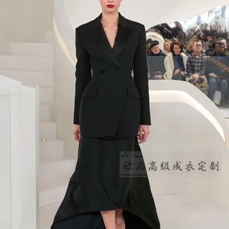高端定制时装周秀场黑色中长款羊毛西装外套真丝半裙时尚西服套装