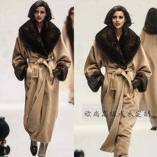 高级定制奢华大牌拼接狐狸毛驼色羊绒大衣外套冬长款宽松英伦复古