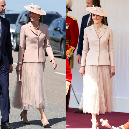 高级定制凯特王妃同款浅粉色丝毛西装外套网纱半裙修身优雅套装裙