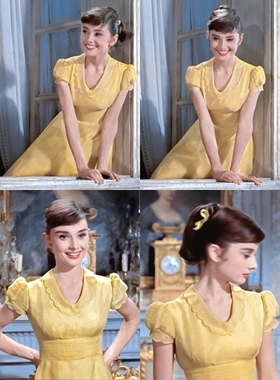 战争与和平奥黛丽赫本同款黄色真丝欧根纱连衣裙高腰宫廷风大摆裙