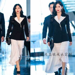 高端定制韩剧顶楼3千瑞珍同款黑色西装外套+不规则真丝半身裙套装